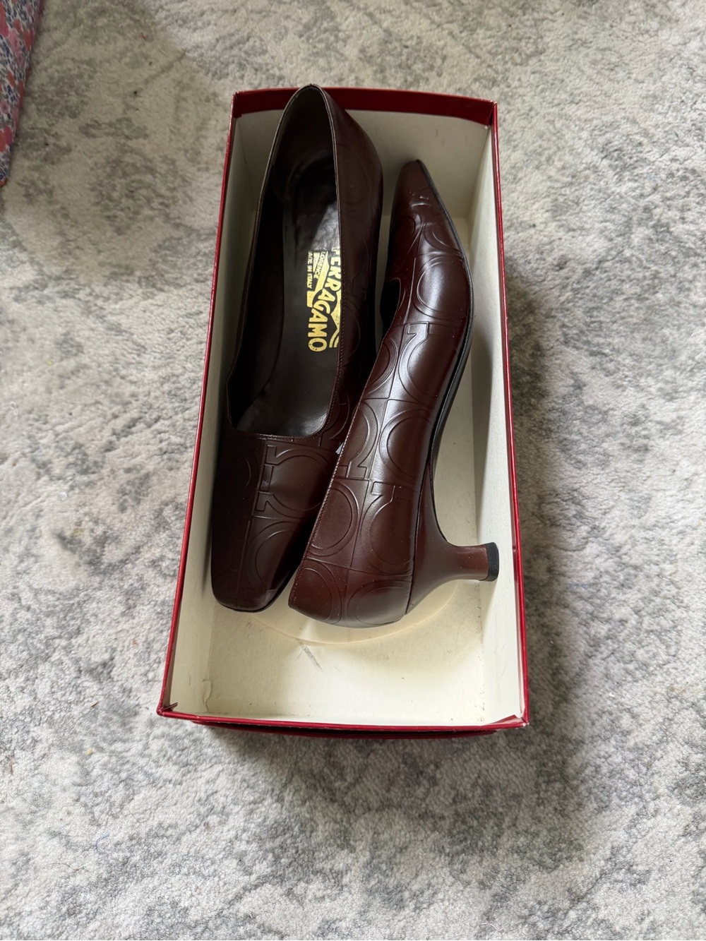 Salvatore Ferragamo Dark Brown Embossed Leather Mid-Heel Pumps Sz 7.5